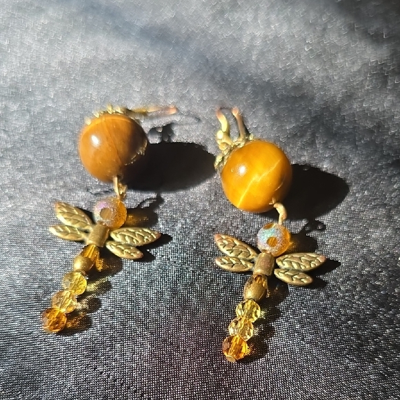 Hand made Jewelry - Golden Dragonfly Earrings with Brown Accents